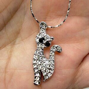 Silver Tone Cat Pendant Necklace Clear Rhinestone Black Eyes Iced Out Kitty Cat